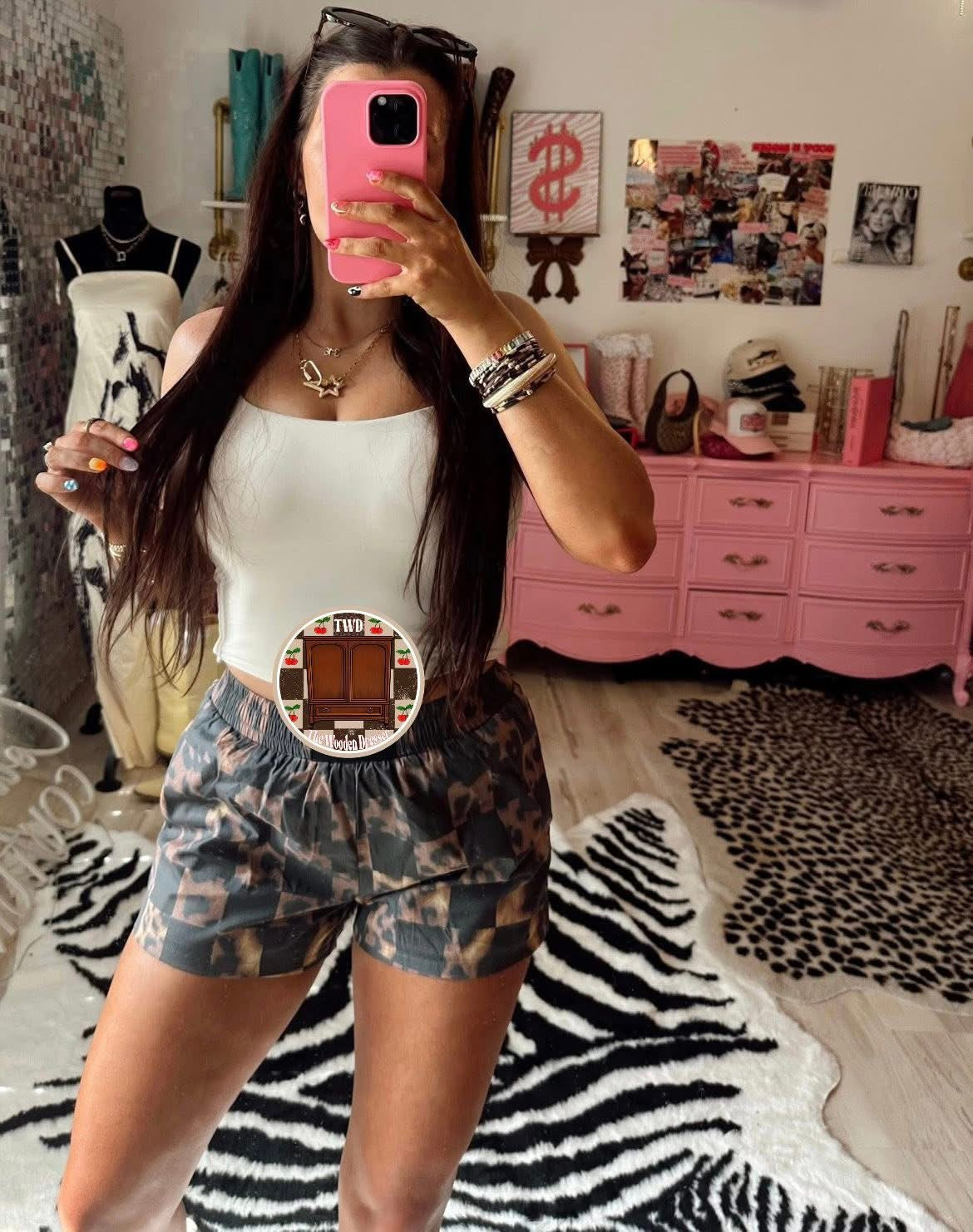 LEOPARD CHECKERED BOXER PAPER BAG SHORTS