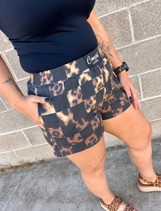 LEOPARD CHECKERED BOXER PAPER BAG SHORTS