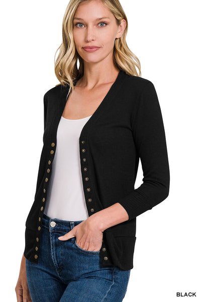 SNAP BUTTON 3/4 SLEEVE SWEATER CARDI